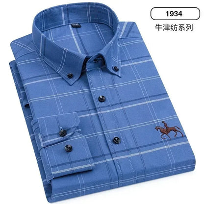 S~7XL 100% Pure Cotton Men's Long Sleeve Oxford Spinning Shirt Business Leisure Embroidery Pocket Slim Fit Button Style Soft Med