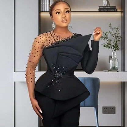 CM.YAYA Vintage Women  Beading Mesh Patchwork Ruffles Fan-shaped Blazer Tops and Pants Suit Two 2 Piece Set Outfits Tracksuit