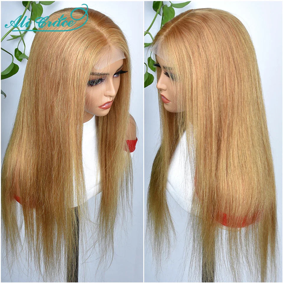 Brown Blonde Color 27 Straight Lace Closure Wig with Baby Hair Ali Grace 24 inch Pre-Plucked Brazilian Straight 4x4 Closure Wig