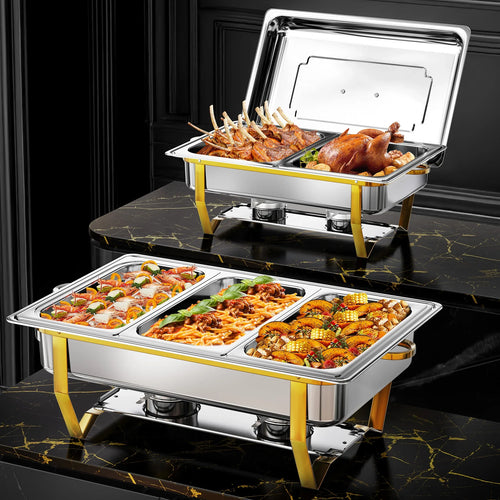 8QT Stainless Steel Chafing Dish Set – Gold, Single/Double/Triple Compartments, 2 or 4 Pack