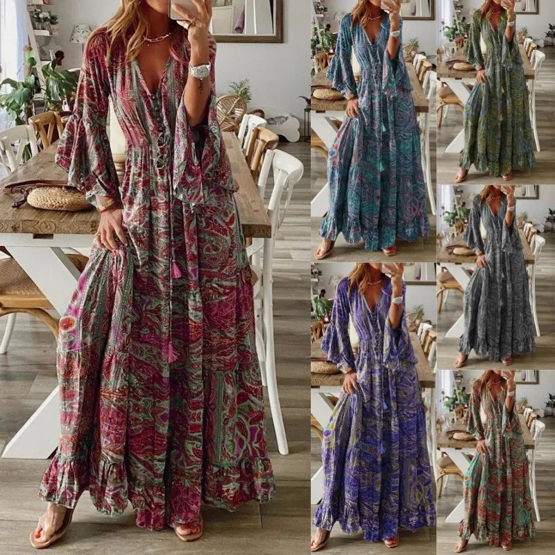 Spring Autumn Women's Fashion Bohemian Style Flare Sleeves Printed V-neck High Waist Dress Fragmented Flower Women's Long Dress