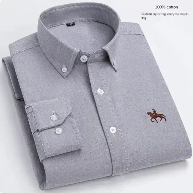 S~7XL 100% Pure Cotton Men's Long Sleeve Oxford Spinning Shirt Business Leisure Embroidery Pocket Slim Fit Button Style Soft Med