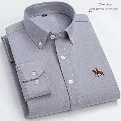 S~7XL 100% Pure Cotton Men's Long Sleeve Oxford Spinning Shirt Business Leisure Embroidery Pocket Slim Fit Button Style Soft Med
