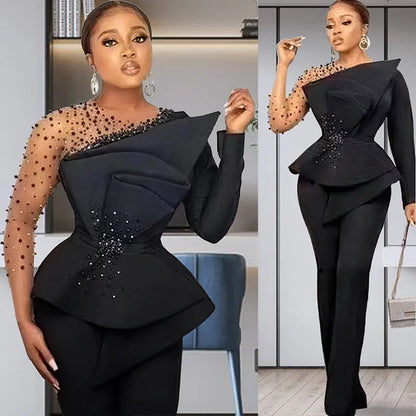CM.YAYA Vintage Women  Beading Mesh Patchwork Ruffles Fan-shaped Blazer Tops and Pants Suit Two 2 Piece Set Outfits Tracksuit