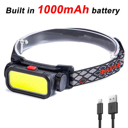 Powerful COB LED Headlamp USB Rechargeable 4 Modes Lighting Head Flashlight With 18650 Built in Battery Camping Fishing Lantern