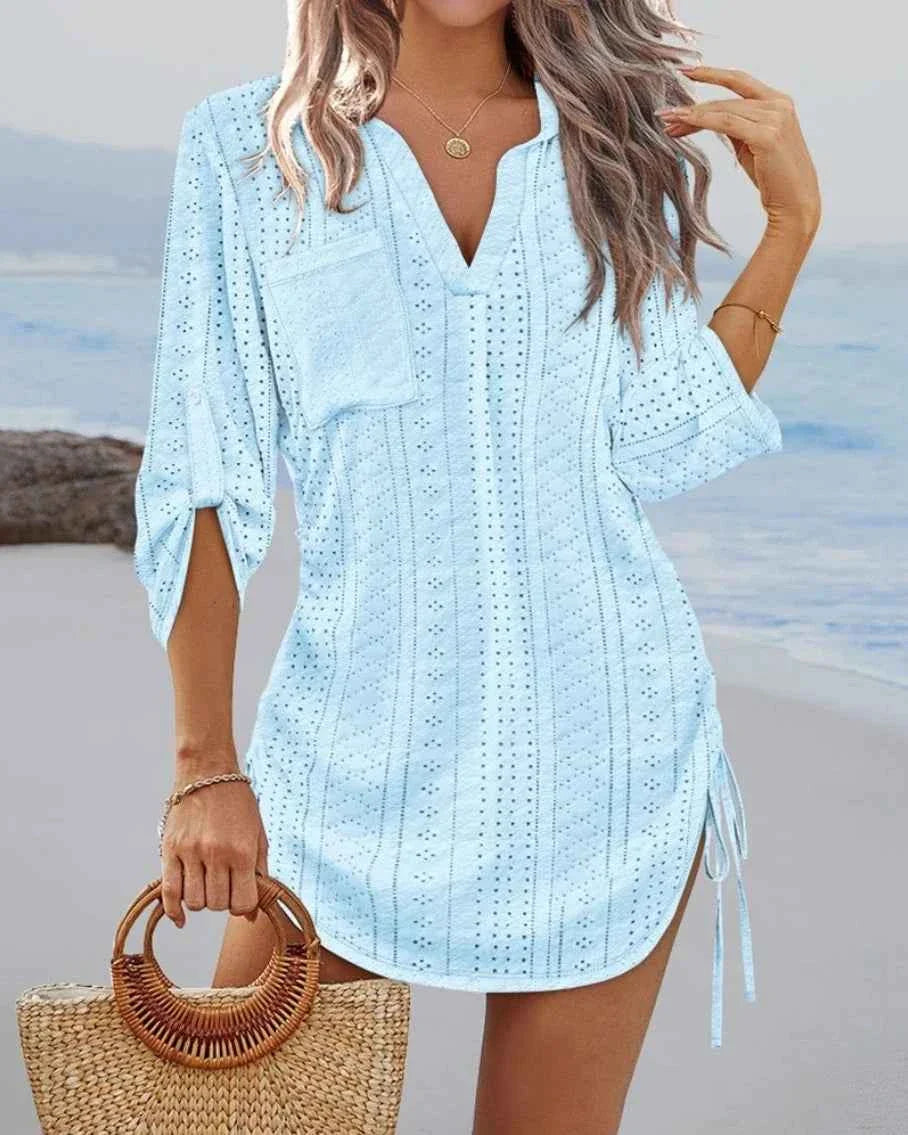 Women's V-Neck Hollow Out Beach Tunic - Lightweight Summer Cover Up with Side Tie Details