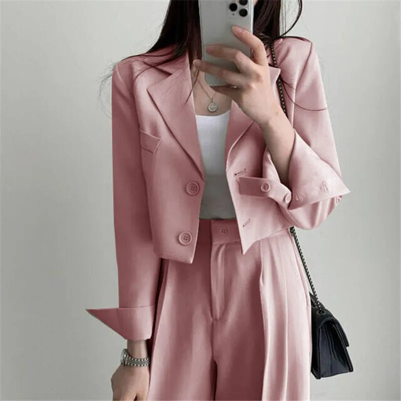 Suit Coat 2 Piece Set Women Blazer Jacket Straight Pants Ensemble Single Breasted Turn Down Collar Trousers Office Lady Outfits