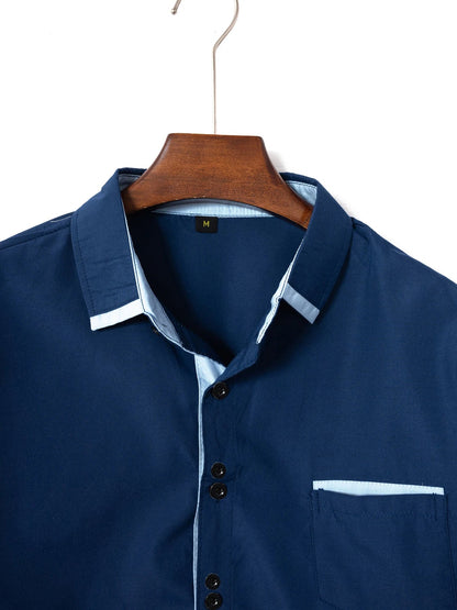 Men's Shirt Business Casual Comfortable Cotton Lapel Color Matching Pocket Holiday Long Sleeve Top