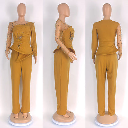 CM.YAYA Vintage Women  Beading Mesh Patchwork Ruffles Fan-shaped Blazer Tops and Pants Suit Two 2 Piece Set Outfits Tracksuit