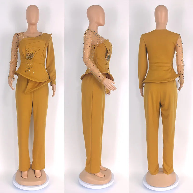 CM.YAYA Vintage Women  Beading Mesh Patchwork Ruffles Fan-shaped Blazer Tops and Pants Suit Two 2 Piece Set Outfits Tracksuit