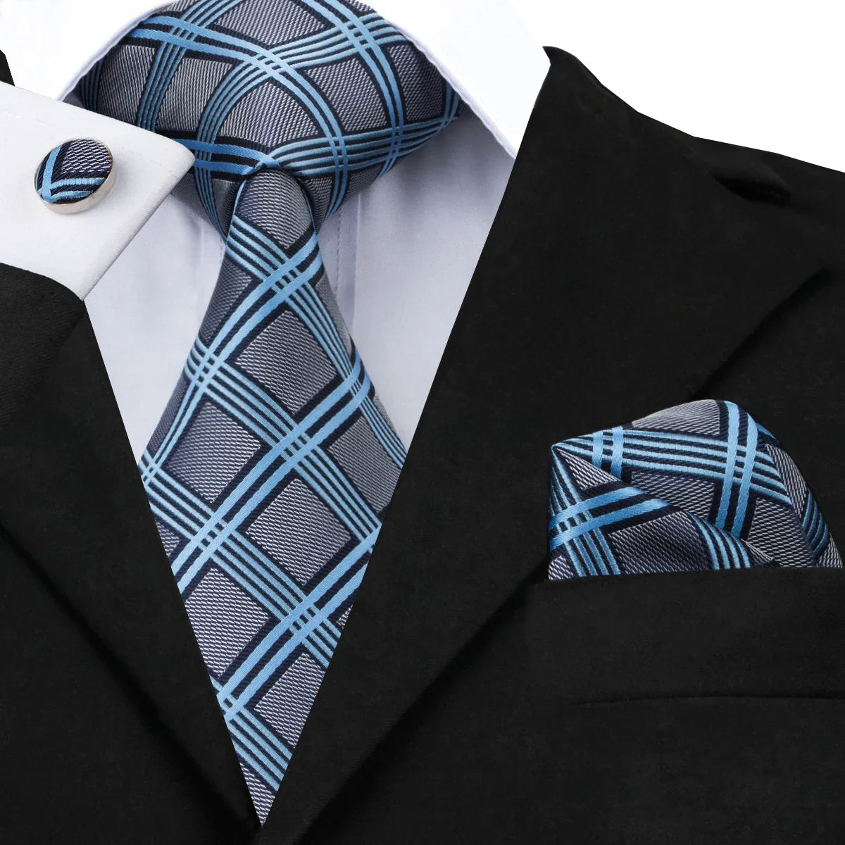 Hi-Tie Light Blue Solid Silk Wedding Nicktie For Men Hanky Cufflink Gift Men Tie Set Business Party Dropshipping Novelty Design