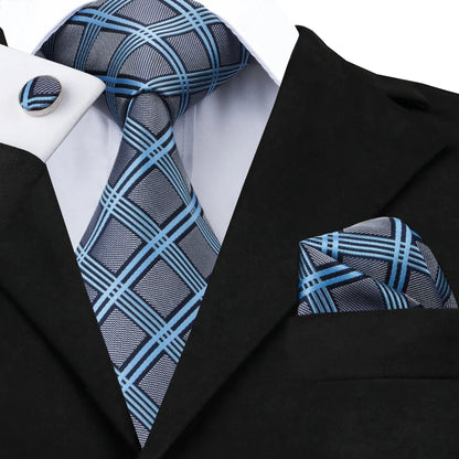 Hi-Tie Light Blue Solid Silk Wedding Nicktie For Men Hanky Cufflink Gift Men Tie Set Business Party Dropshipping Novelty Design