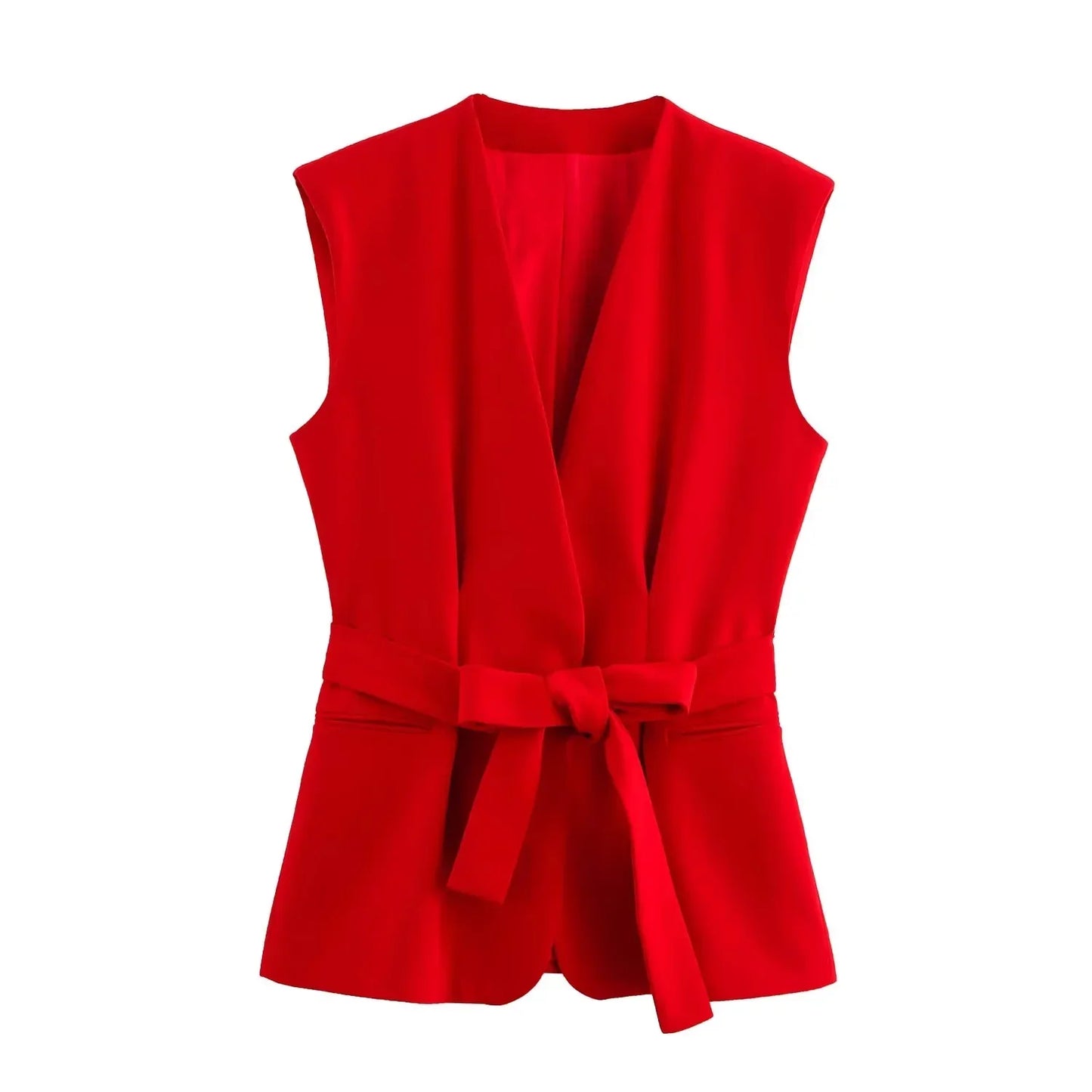 KONDALA Office Lady Chic Red Vest Blazer Suit V Neck Sashes Sleeveless Blazer High Waist Wide Leg Pants Fashion 2025 Summer Sets