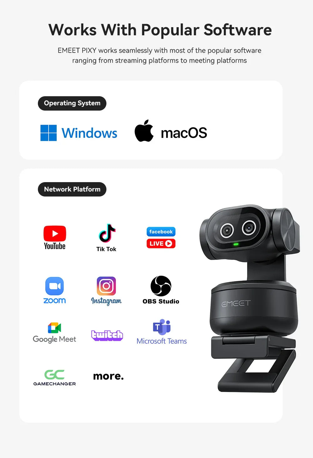4K Webcam PTZ Web Camera EMEET PIXY Dual-Camera AI Tracking Video Camera for Streaming With SonySensor Gesture Control Autofocus
