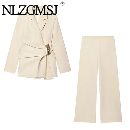 NLZGMSJ 2026 Spring Office Lady Chic Women Blazer Suit Solid Long Sleeve Blazer Long Zipper Pants Fashion Suit