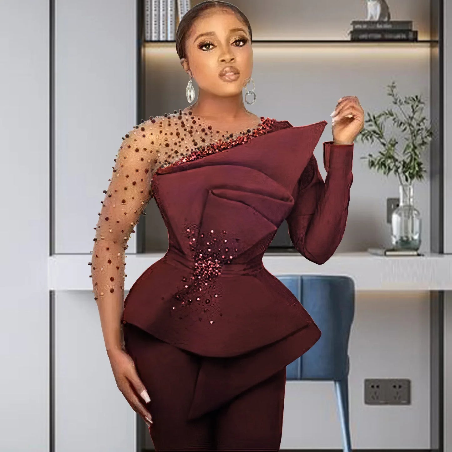 CM.YAYA Vintage Women  Beading Mesh Patchwork Ruffles Fan-shaped Blazer Tops and Pants Suit Two 2 Piece Set Outfits Tracksuit