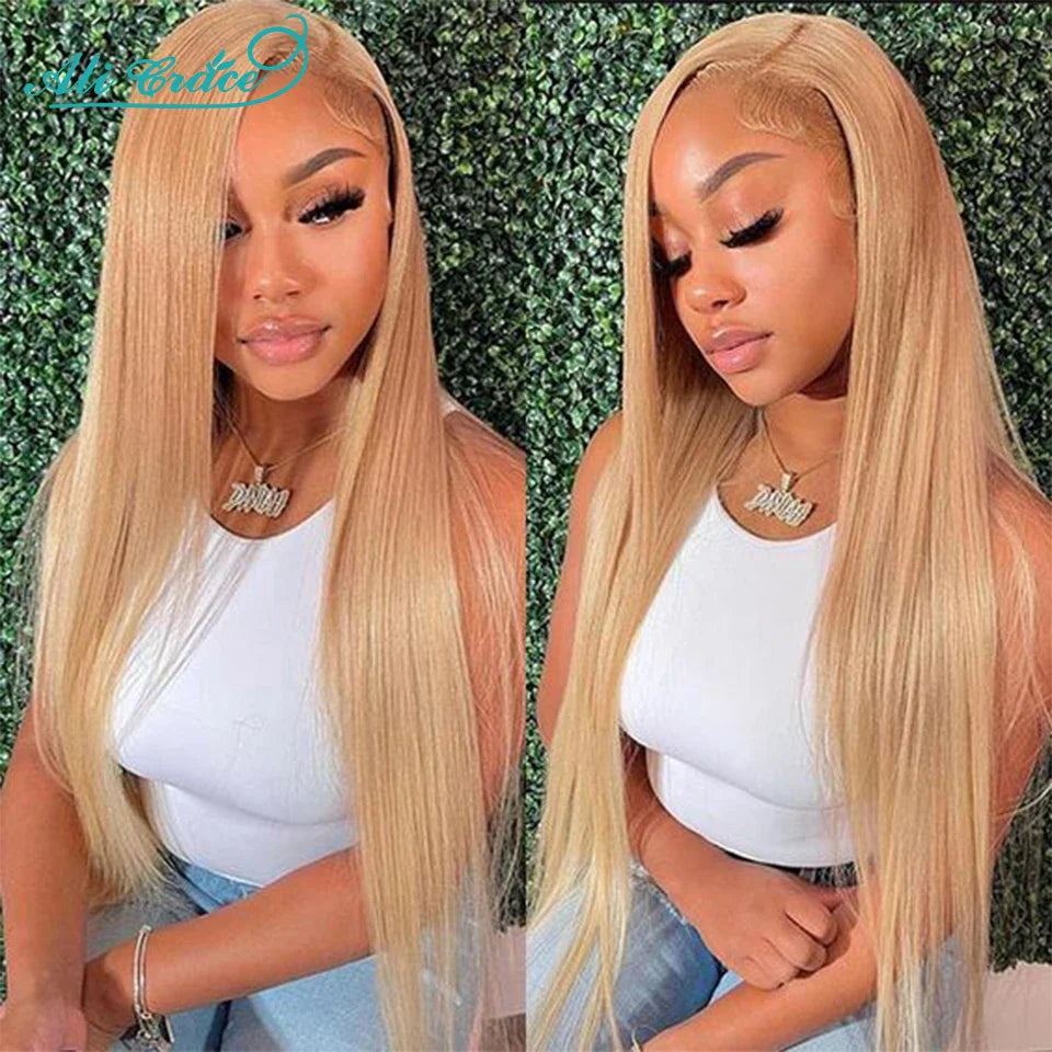 Brown Blonde Color 27 Straight Lace Closure Wig with Baby Hair Ali Grace 24 inch Pre-Plucked Brazilian Straight 4x4 Closure Wig