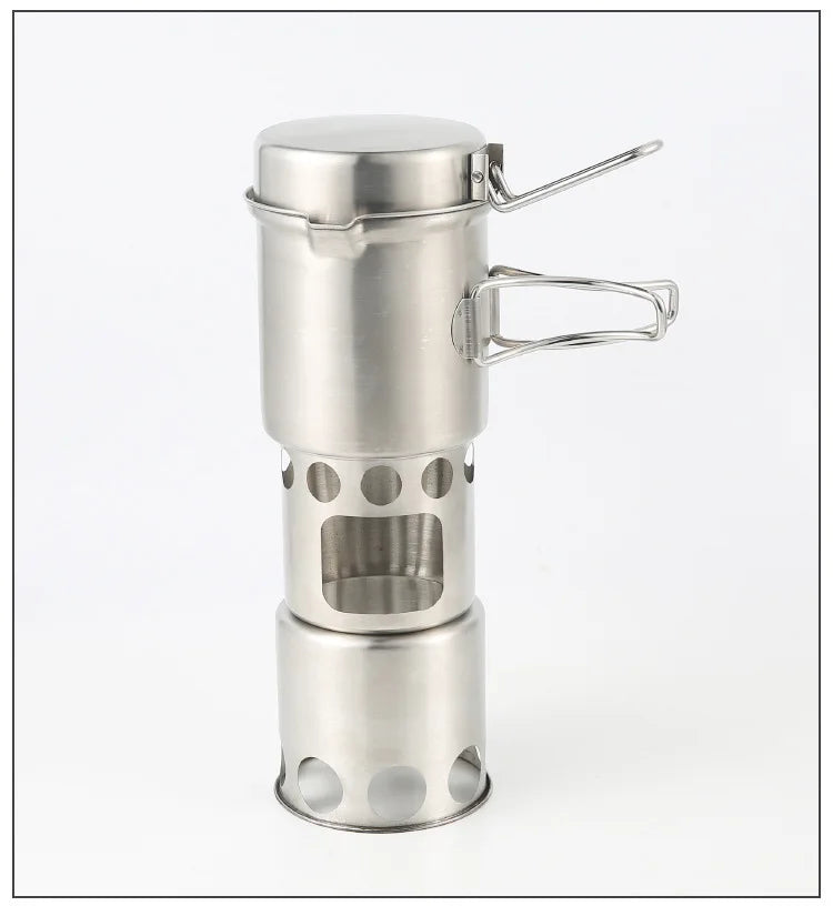 Portable Stainless Steel Wood Burning Camp Stove Set with 304 Cookware Pot for Outdoor Camping New