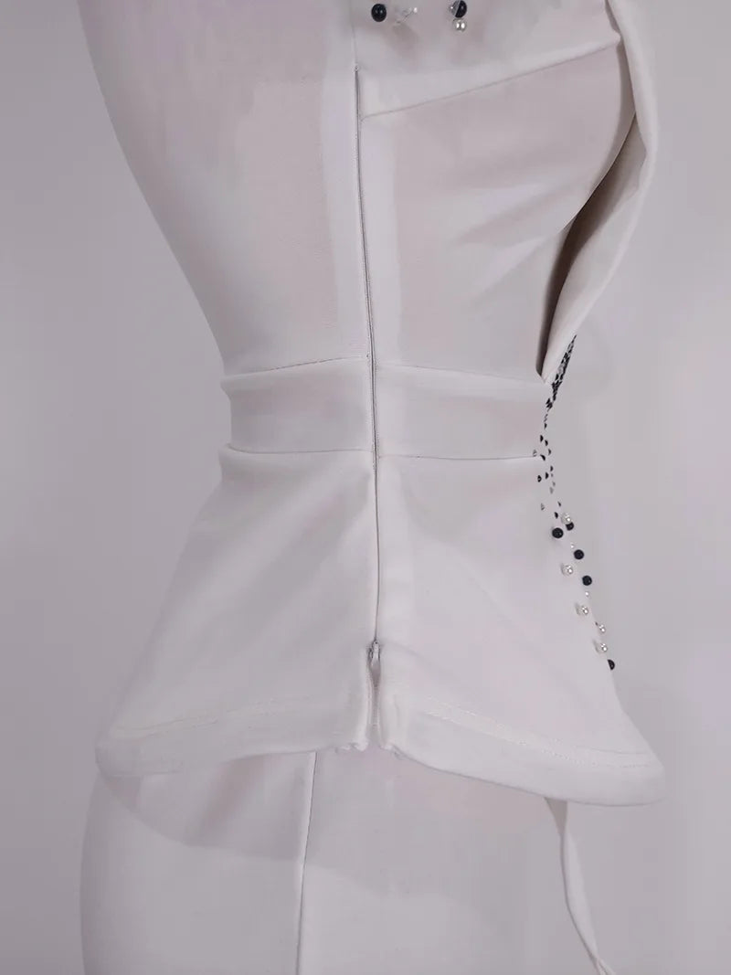 CM.YAYA Vintage Women  Beading Mesh Patchwork Ruffles Fan-shaped Blazer Tops and Pants Suit Two 2 Piece Set Outfits Tracksuit