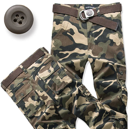 Men's Cotton Cargo Pants – Loose Fit, Multi-Pocket, Camo & Black, Waist 31-36