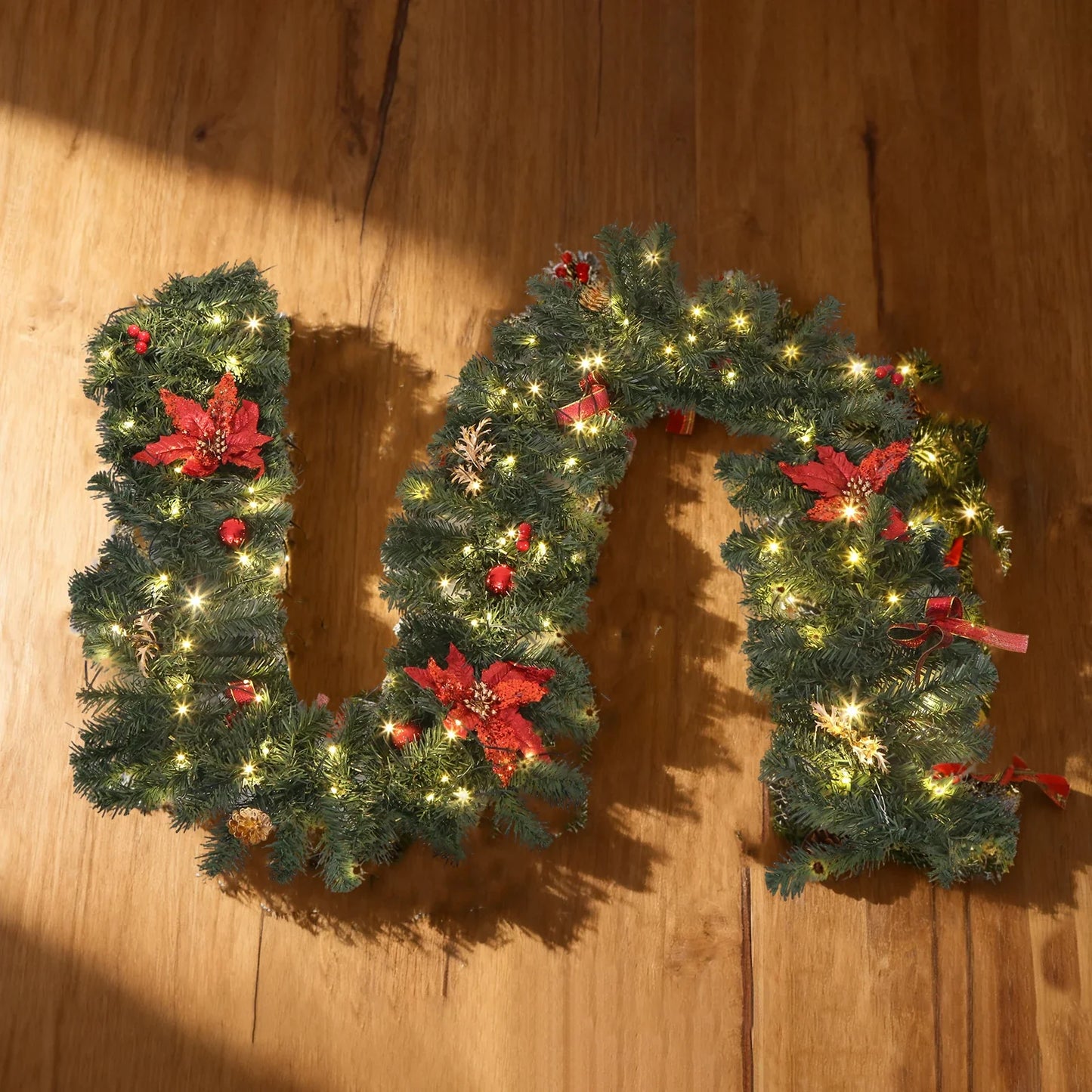 2.7m LED Xmas Fireplace Decor Pre Lit Christmas Garland Door Wreath Pendant (E)