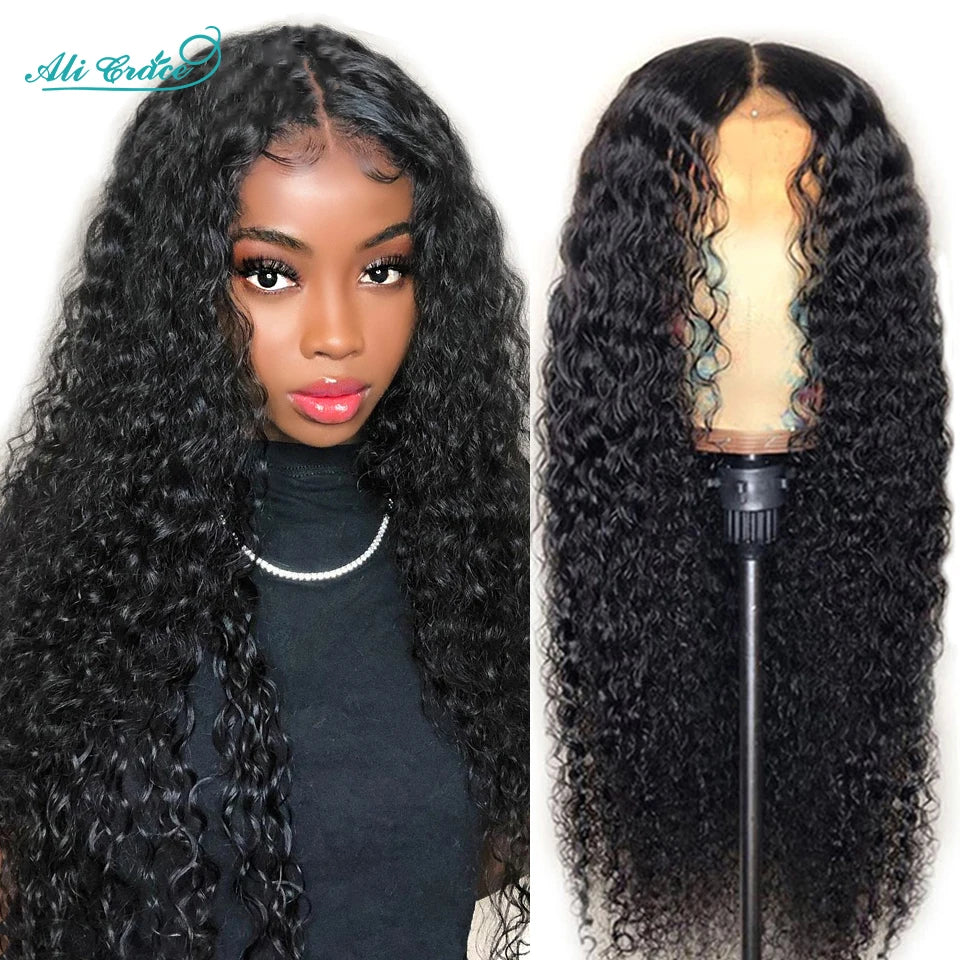 Ali Grace Hair Brazilian Kinky Curly Human Hair Wigs Pre-Plucked 13x4 Lace Frontal Wig Remy Hair Deep Curly 4x4 Lace Closure Wig