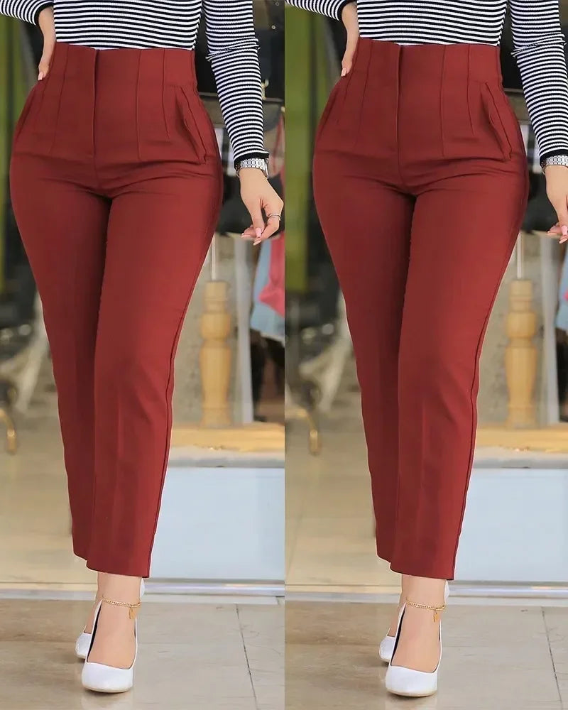 Elegant Pleated Waist Work Pants For Women White All-Match Daily OL Laides Fashion Office Formal Wear High Waisted Trousers