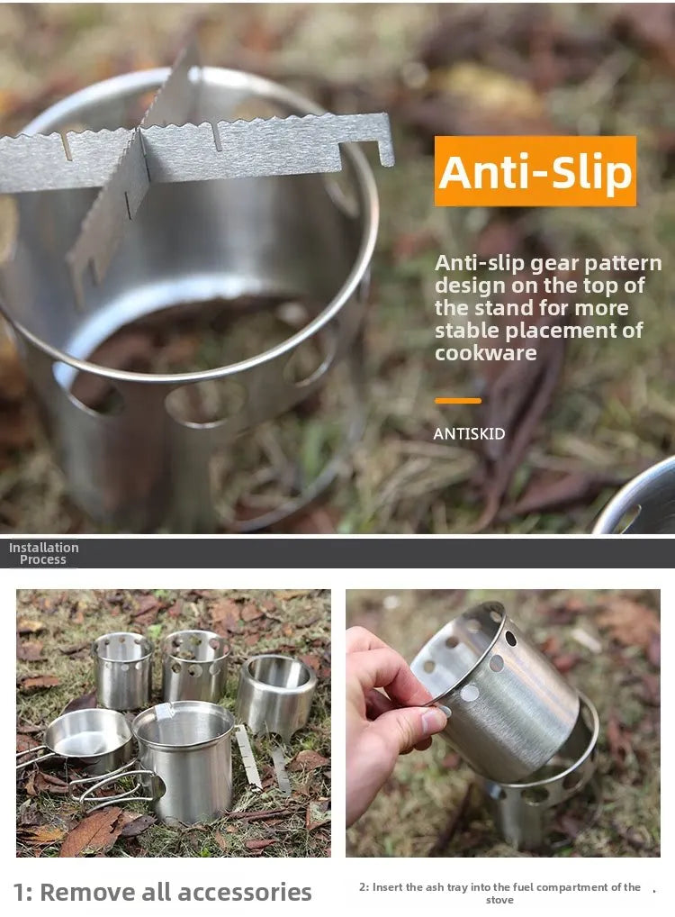 Portable Stainless Steel Wood Burning Camp Stove Set with 304 Cookware Pot for Outdoor Camping New