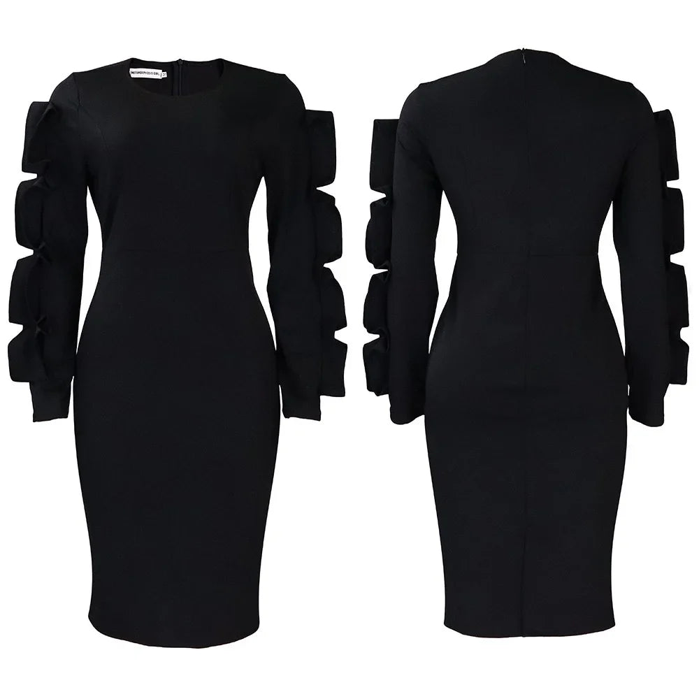 Elegant Office Dresses for Woman 2024 New O Neck Petal Sleeve Sheath Package Hips Mid Calf Formal Business Work Wear Dress Midi