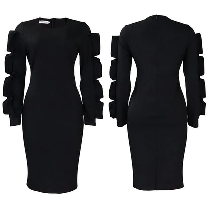 Elegant Office Dresses for Woman 2024 New O Neck Petal Sleeve Sheath Package Hips Mid Calf Formal Business Work Wear Dress Midi