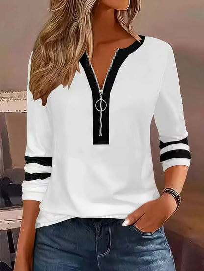 Plus Size Long Sleeve T-Shirt with Geometric Stripes & Color Block Ring Zipper Detail - Fall Fashion