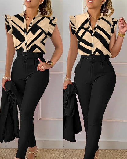 Elegant Women Two Piece Set Suits New Fashion Printed Ruffle Sleeve Top Solid Color Pants Set With Belt  Blouses Female Clothing