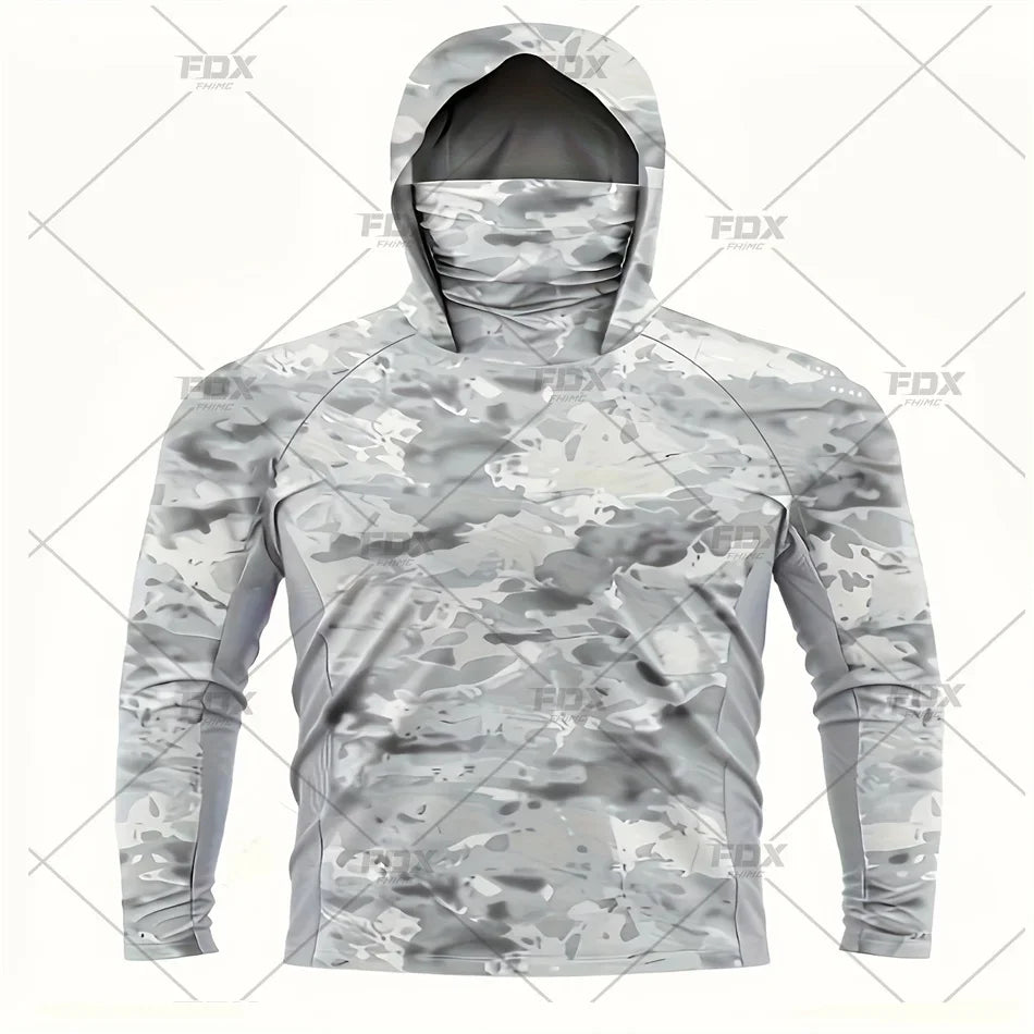 Army Green Camo Colorful Hoodie with Face Mask UV 50+Gaiter Fishing Clothing Men's Long sleeved Breathable Quick Drying T-shirt