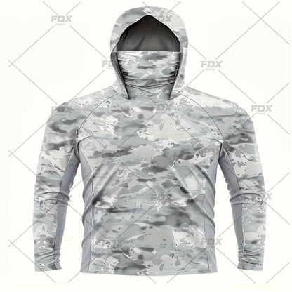 Army Green Camo Colorful Hoodie with Face Mask UV 50+Gaiter Fishing Clothing Men's Long sleeved Breathable Quick Drying T-shirt