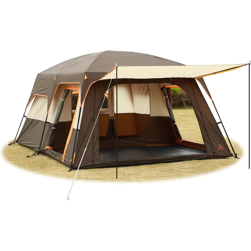 Spacious 6-14 Person Family Cabin Tent with 2 Rooms, 3 Doors, 3 Mesh Windows, Straight Walls, Waterproof, Double Layer for Outdo