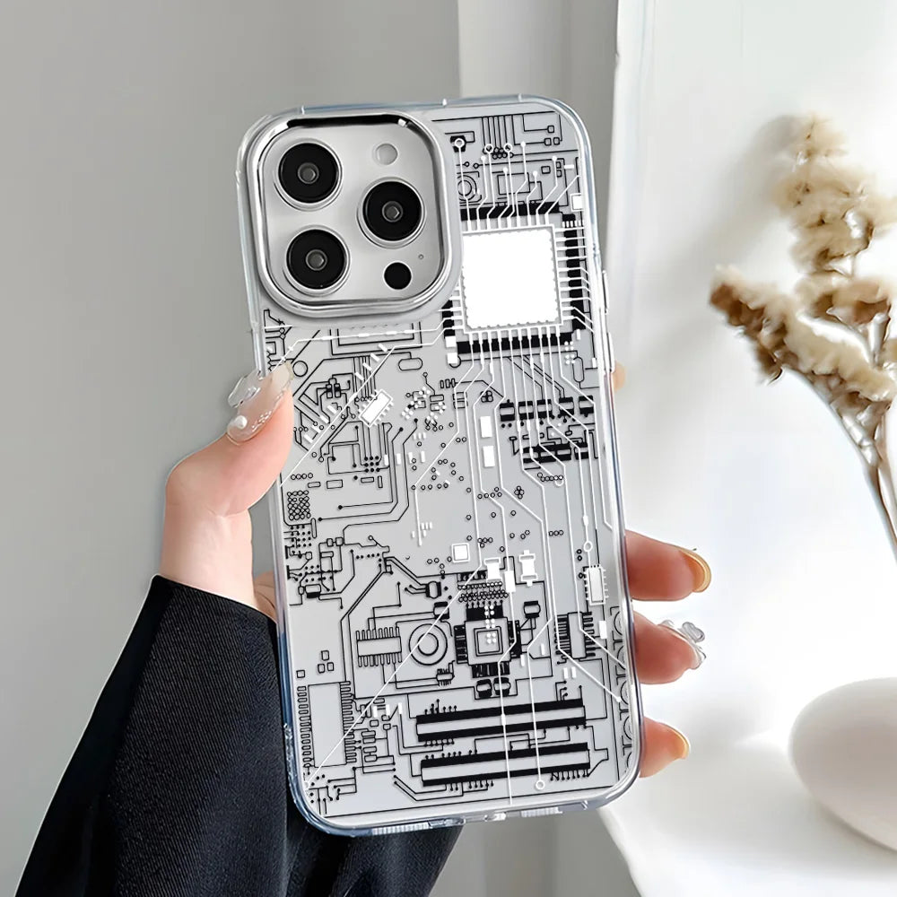 Advanced Circuit Board Phone Case For iPhone 17 Pro Max Air 16 15 14 13 12 Pro 11 Luxury Plating Transparent Soft Bumper Cover