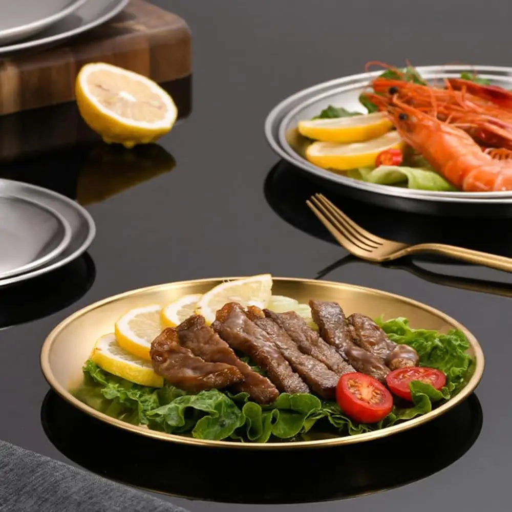 Gold Stainless Steel Dinner Plates – 304 Steel, 9-Inch, Set of 10, Dishwasher Safe