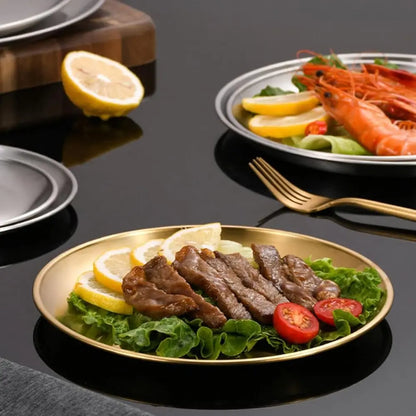 Gold Stainless Steel Dinner Plates – 304 Steel, 9-Inch, Set of 10, Dishwasher Safe