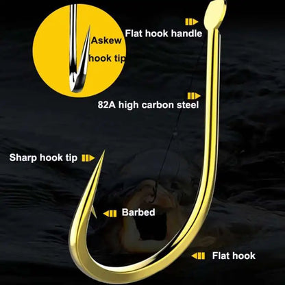 High-Carbon Barbed Fishhooks – 50pcs, Sizes 1–13#, Black & Golden, Carp & Sea Fishing
