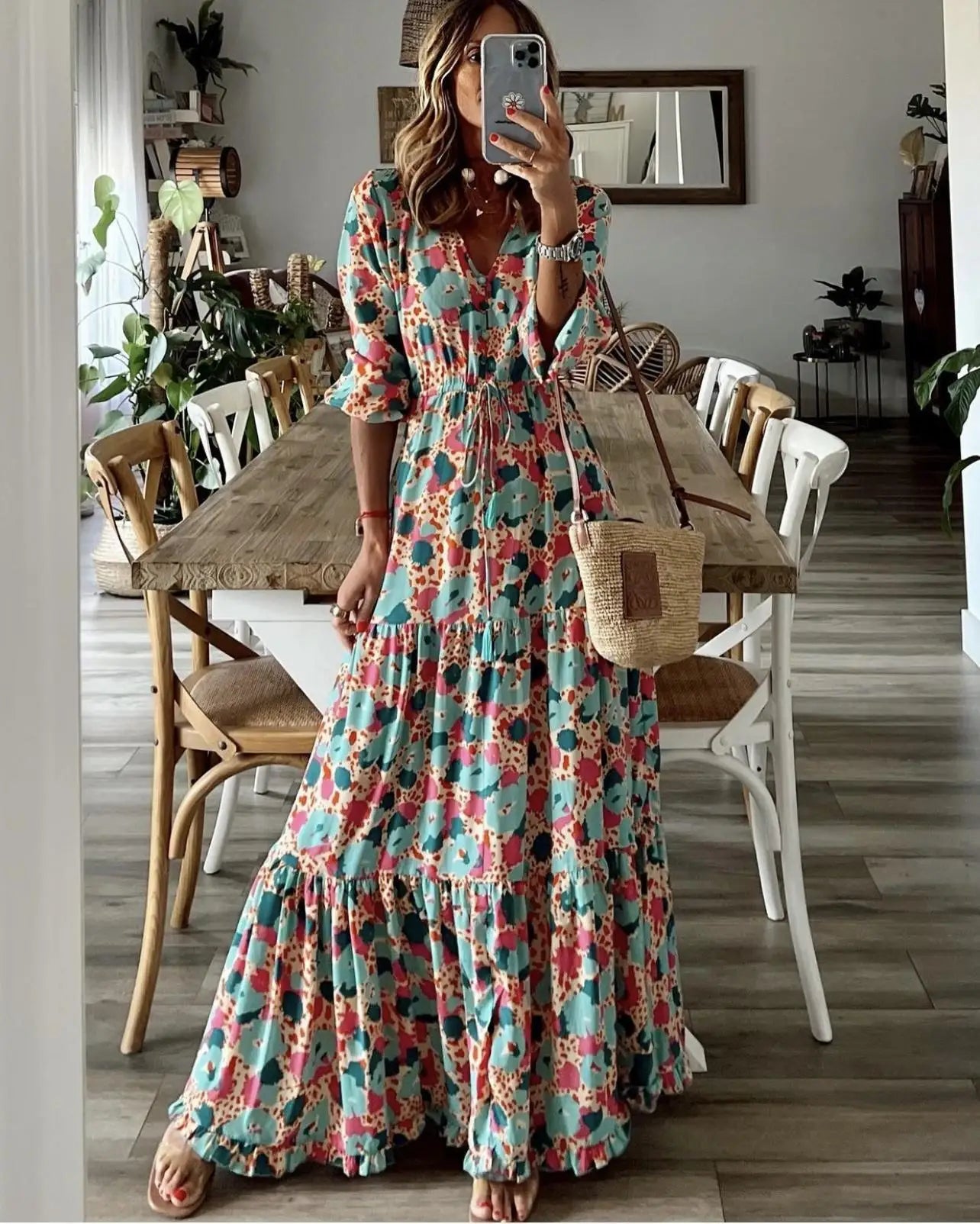 Elegant Women's Flower Long Dresses 2024 Spring New Bohemian Printed  Dress Abıye Kadın Abiye  Платье Robe Ete Femme Vestidos