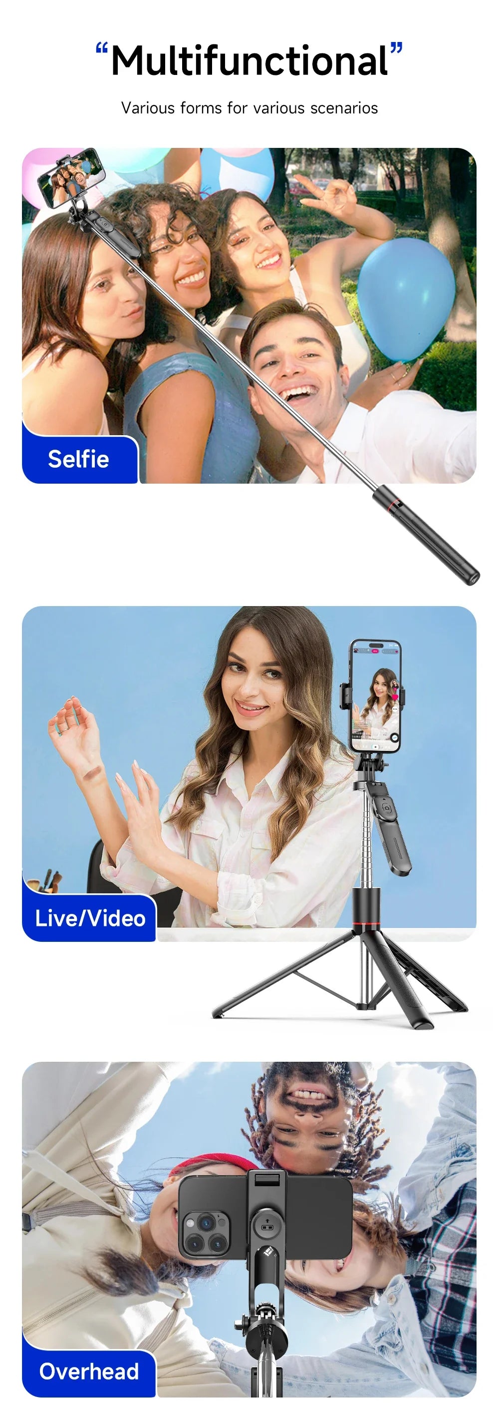 BSLIUFANG 2025 new 1.7M 360° rotation selfie stick tripod foldable stand with Wireless Bluetooth remote control for phone camera