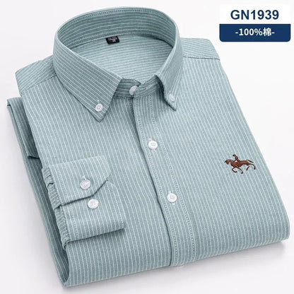 S~7XL 100% Pure Cotton Men's Long Sleeve Oxford Spinning Shirt Business Leisure Embroidery Pocket Slim Fit Button Style Soft Med
