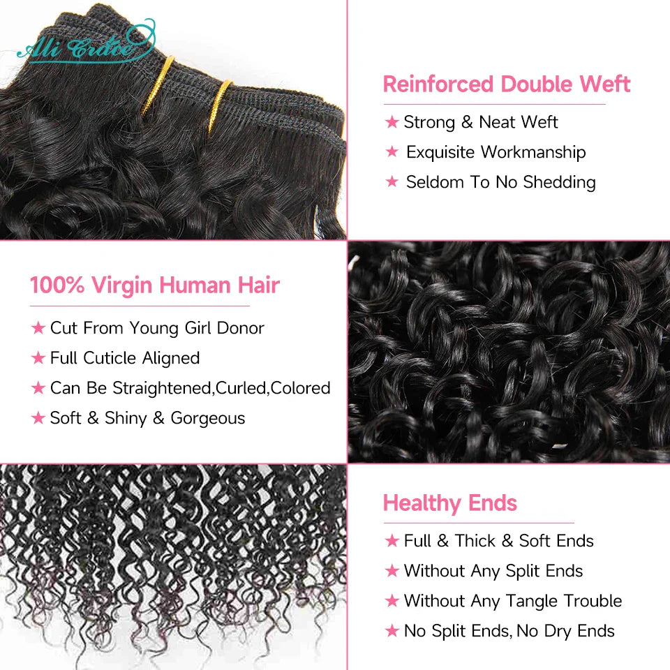 ALI GRACE Hair Brazilian Kinky Curly Hair 3 Or 4 Bundles 10-28 Inch Natural Color 100% Remy Human Hair Curly Weave Hair Bundles
