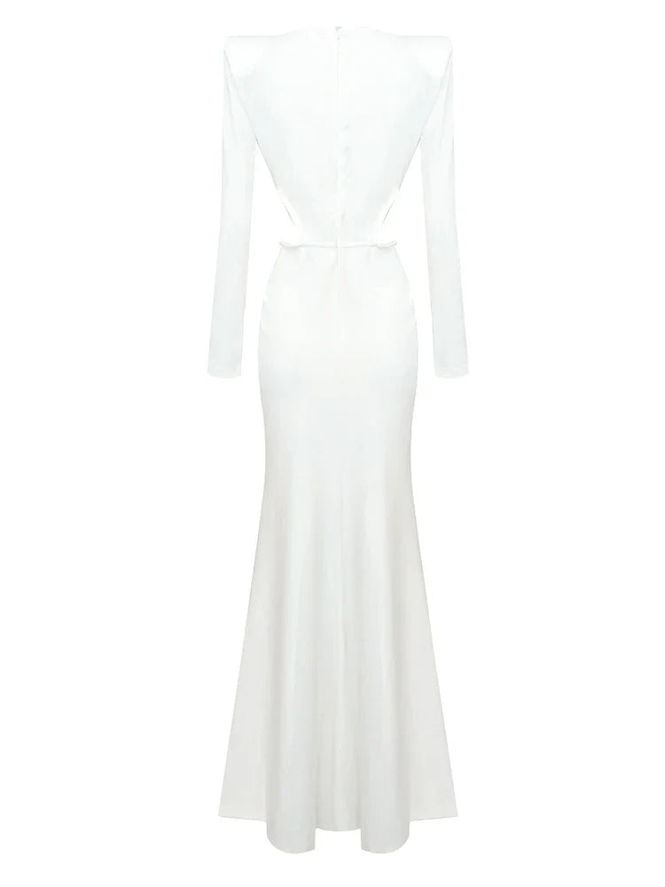 Sexy Long Sleeve V Neck Hollow Out Long Dress Women White/Black Cross Pleated High Split Maxi Dresses Elegant Party Evening Gown