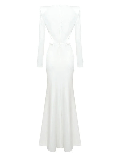 Sexy Long Sleeve V Neck Hollow Out Long Dress Women White/Black Cross Pleated High Split Maxi Dresses Elegant Party Evening Gown