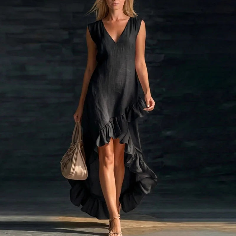 Summer Hot Casual Sleeveless Ruffle Bohemian Dress Women Sexy V Neck Solid Irregular Long Dress Spring Elegant Loose Party Dress