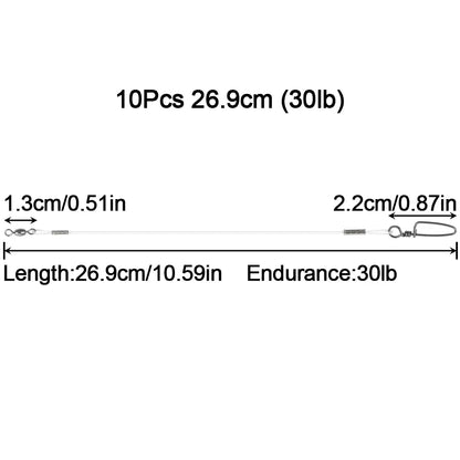 10Pcs Fluorocaron Fishing Leaders 20LB-50LB Fluorocarbon Wire Leader Line with Swivel and Snaps Connect Tackle Lures Rig or Hook