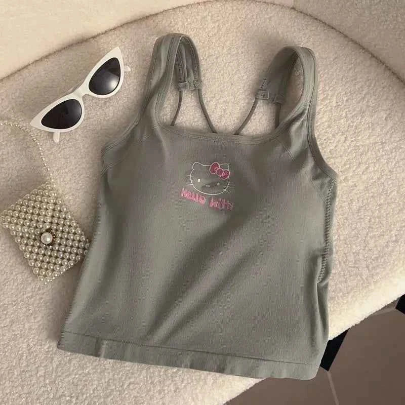 Summer Cute Girly Style HelloKitty Printed Suspender Vest with Chest Pad Slim Pinch Waist Versatile Vintage Top