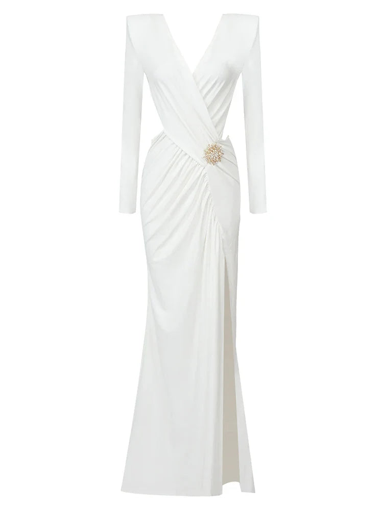 Sexy Long Sleeve V Neck Hollow Out Long Dress Women White/Black Cross Pleated High Split Maxi Dresses Elegant Party Evening Gown