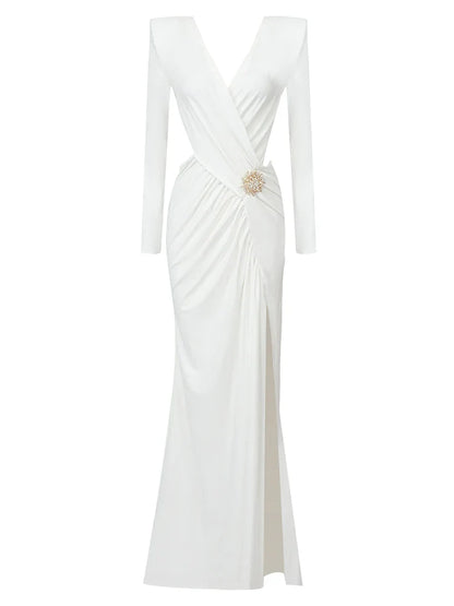 Sexy Long Sleeve V Neck Hollow Out Long Dress Women White/Black Cross Pleated High Split Maxi Dresses Elegant Party Evening Gown